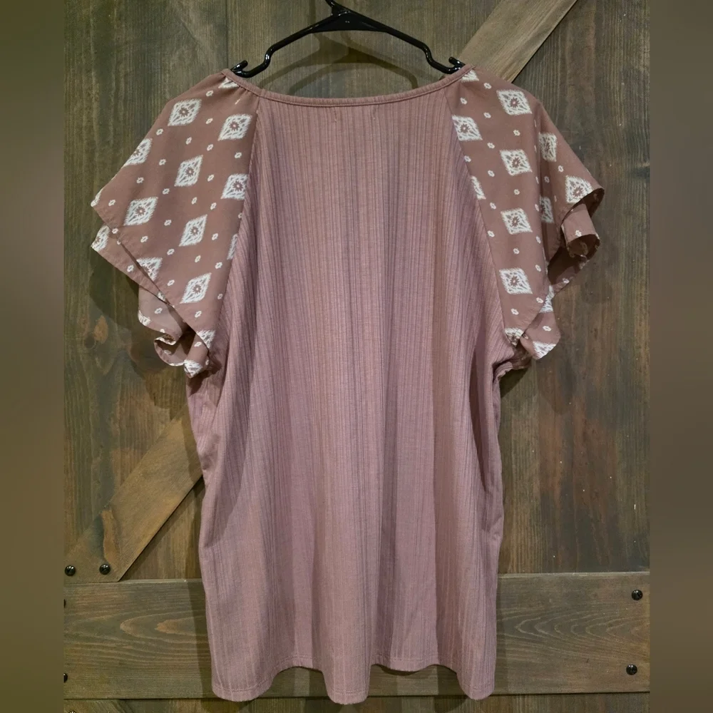 Maurices Dusty Pink V-Neck Blouse with Geometric Flutter Sleeves- Plus Size XXL